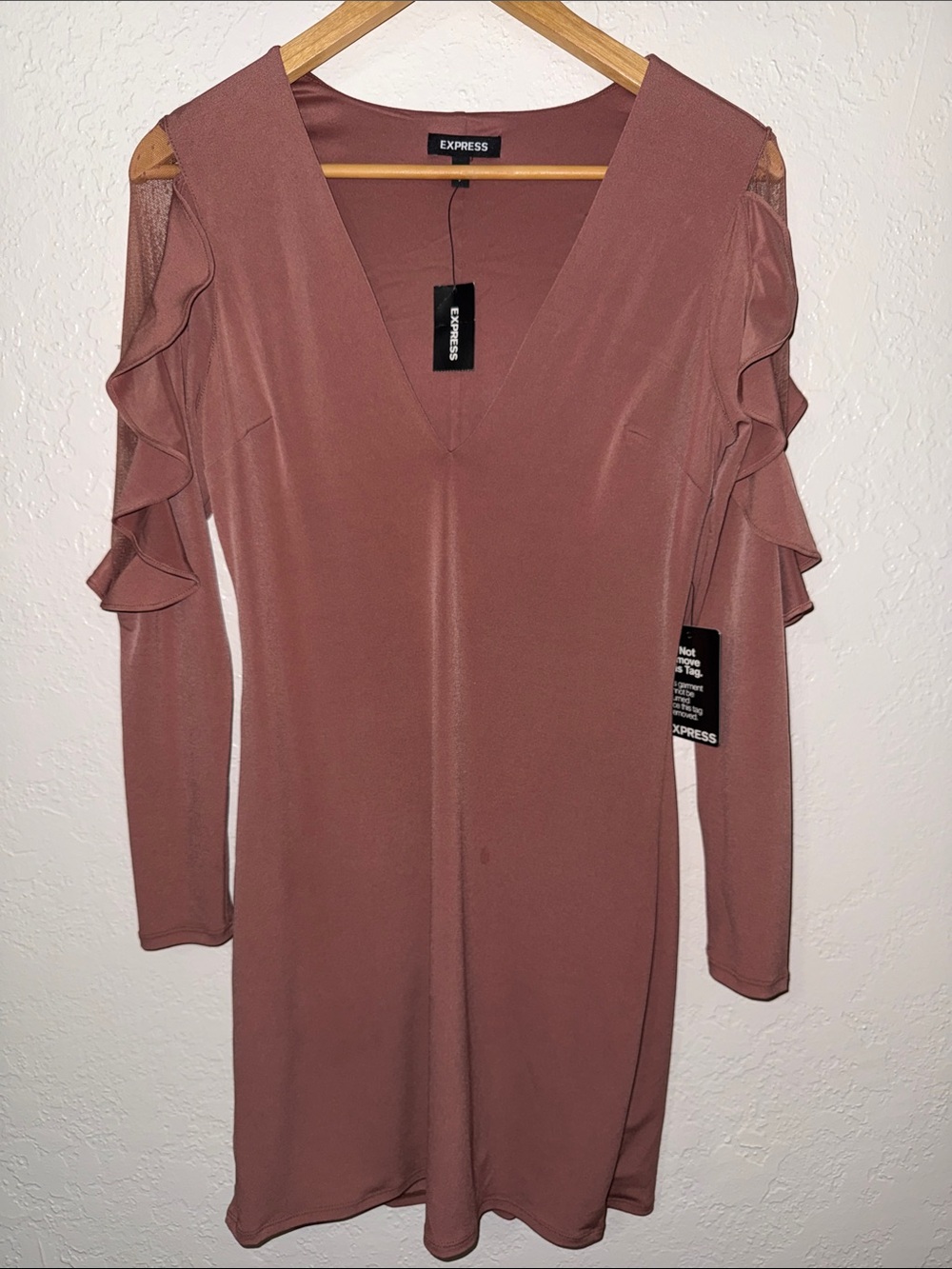 Express Dress Small Dusty Rose Mauve Pink Long Sleeve Ruffle V- Neck